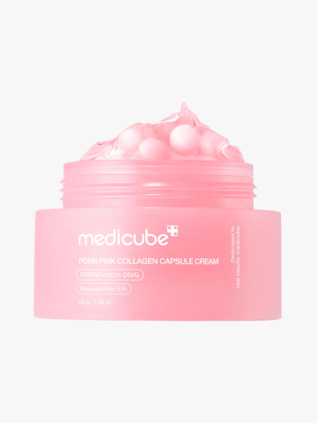 Medicube PDRN Pink Collagen Capsule Cream in branded tub component on a light gray background