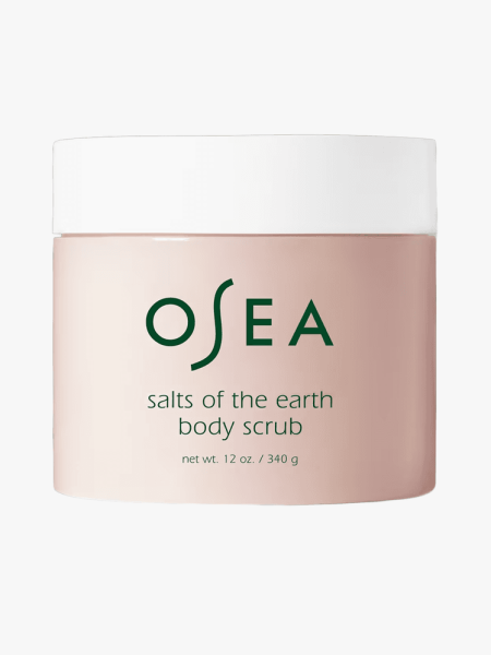 Osea’s Salts of the Earth Body Scrub in branded component on a light gray background