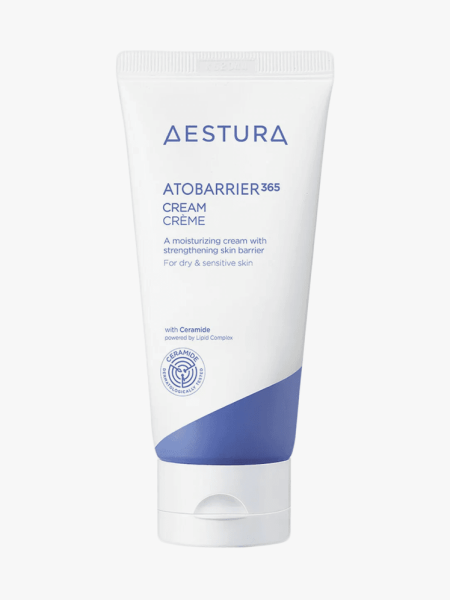 Aestura Atobarrier365 Cream in white and blue branded tube component on a light gray background