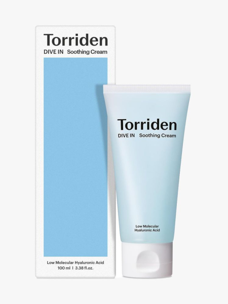 Torriden Dive-In Low-Molecular Hyaluronic Acid Soothing Cream tube of blue moisturizer and box on light gray background
