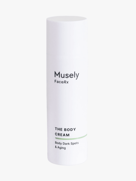 Musely The Body Cream in branded white bottle with cap on light gray background