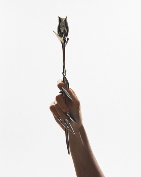 Hand with long silver nails holding a metal rose