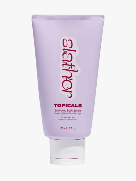 Topicals Slather Exfoliating Body Serum in branded purple tube with white cap on light gray background