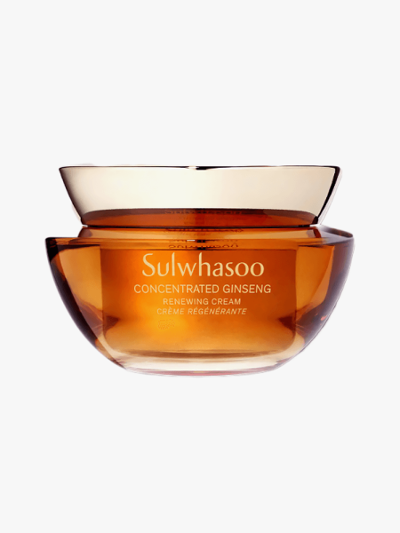 Sulwhasoo Concentrated Ginseng Renewing Cream in orange jar with gold cap on a light gray background
