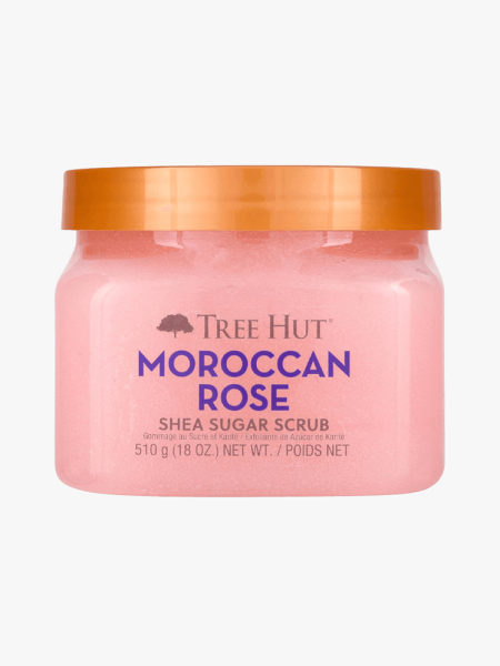 Tree Hut Rose Sugar Scrub in branded component on a light gray background