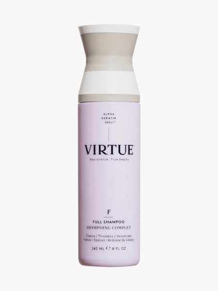 Virtue Full Shampoo in pink branded bottle component on a light gray background