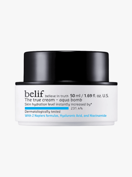 Belif True Cream Aqua Bomb in white jar with black lid on light gray background
