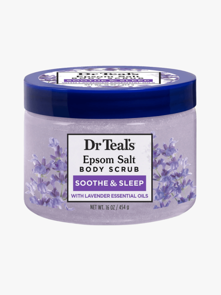 Dr. Teal's Exfoliate & Renew Lavender Epsom Salt Body Scrub in branded tub component on a light gray background